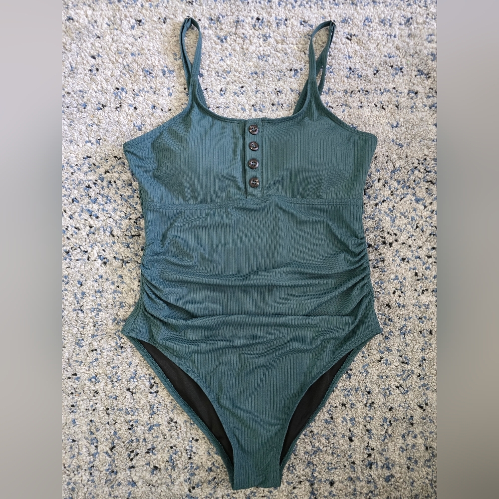 Green One-Piece Swimsuit with Decorative Side Details